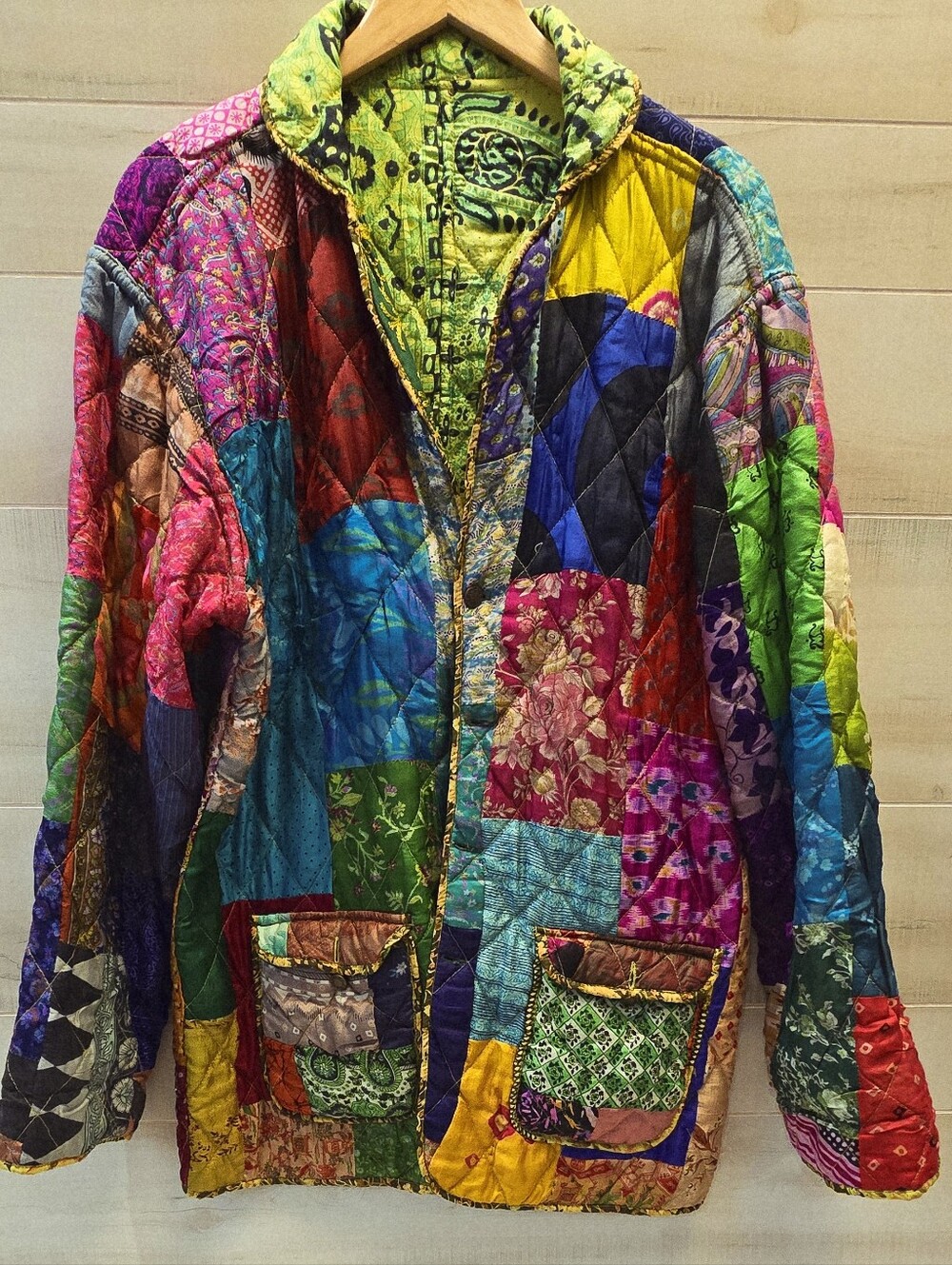 {S} Vintage C:eed Reversible Quilted Patchwork Button Jacket Boho Silk